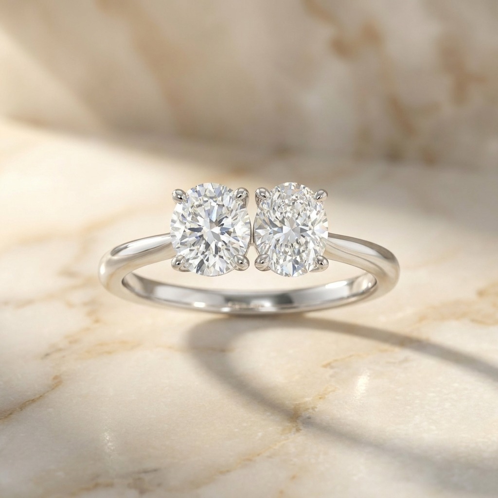 14K White Gold Jackie Select Toi et Moi Round & Oval Knife Edge Band Lab Diamond Engagement Ring - Hero on warm marble