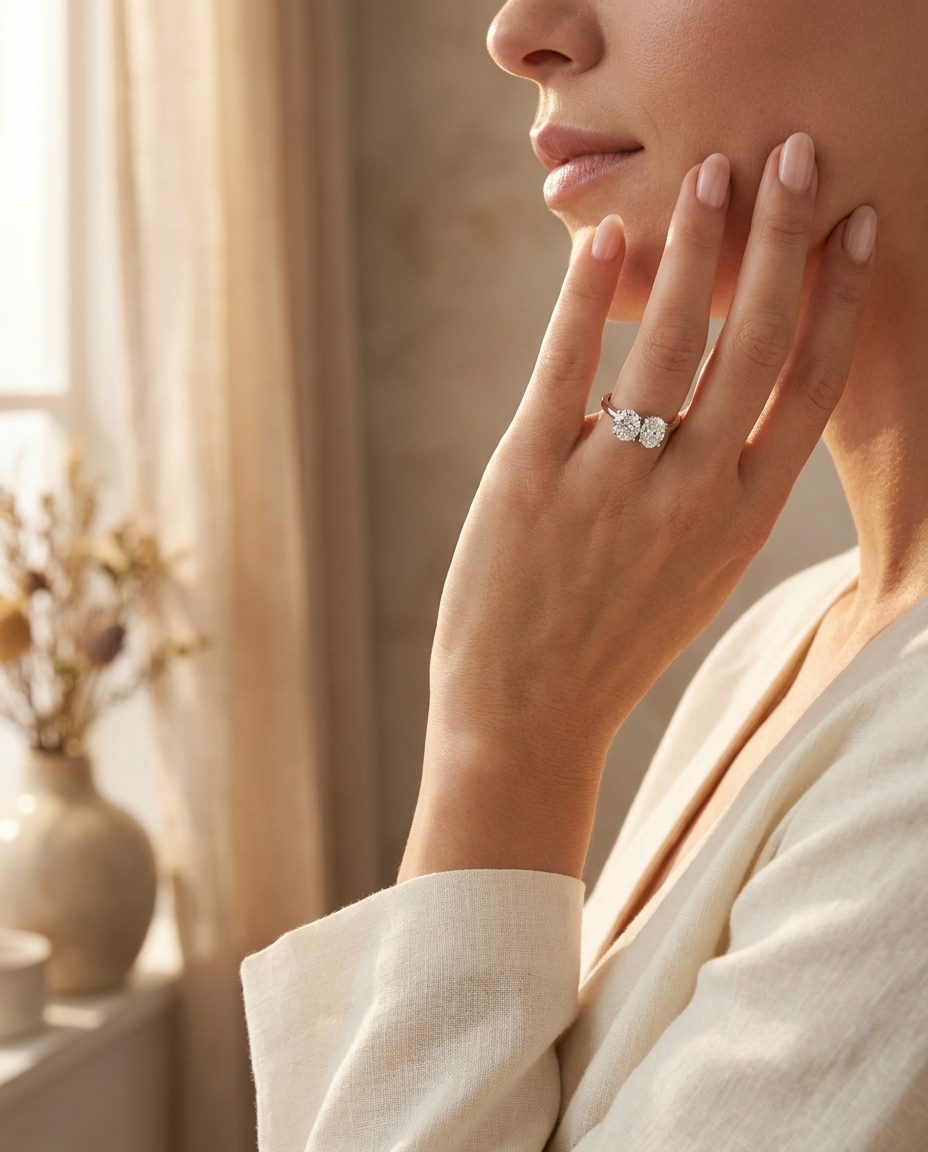 14K White Gold Jackie Select Toi et Moi Round & Oval Knife Edge Band Lab Diamond Engagement Ring - Lifestyle scene with hand model