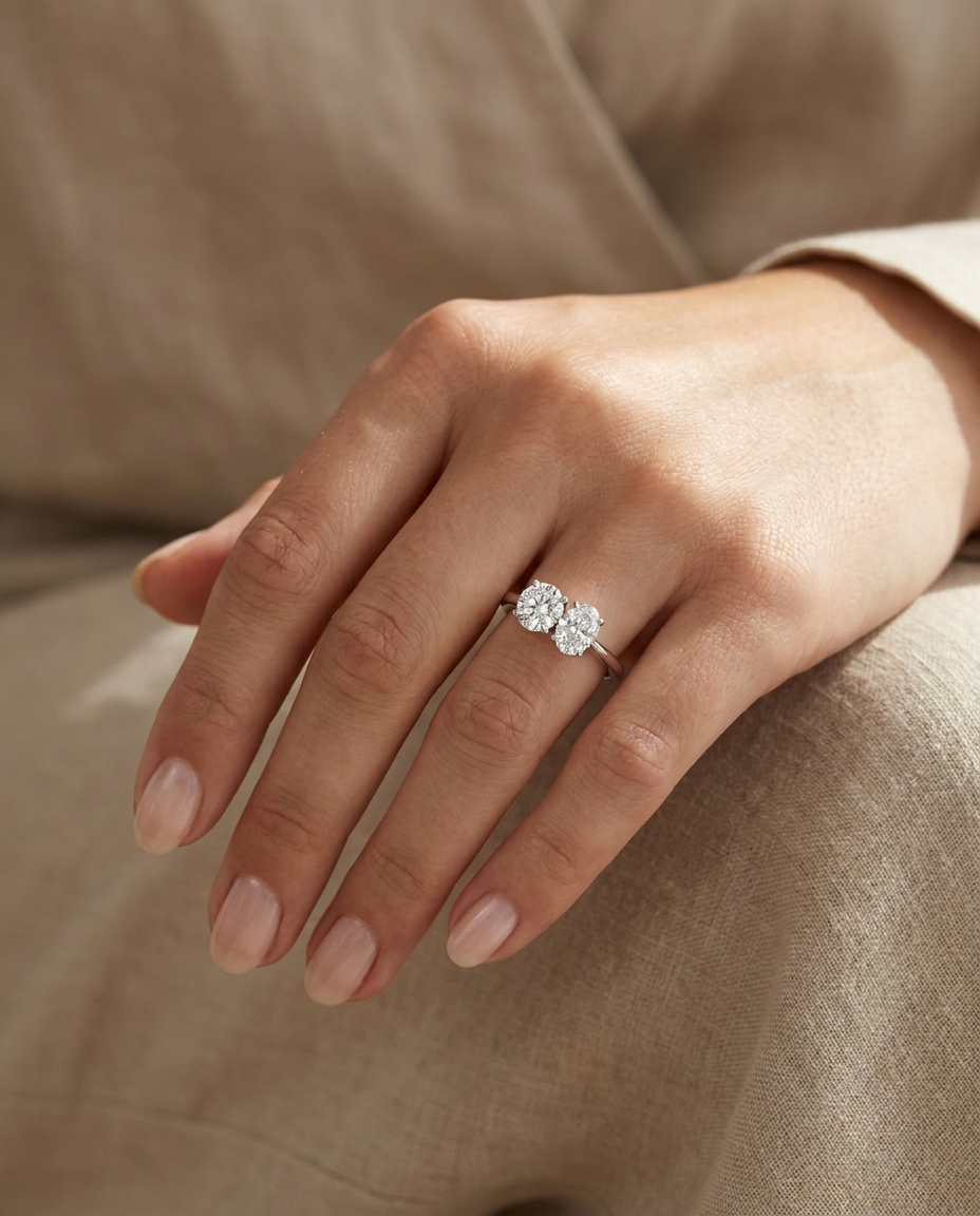 14K White Gold Jackie Select Toi et Moi Round & Oval Knife Edge Band Lab Diamond Engagement Ring - Ring on hand model