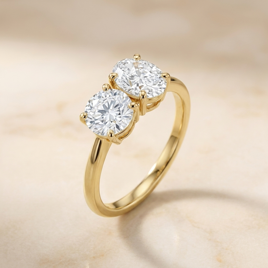 14K Yellow Gold Jackie Select Toi et Moi Round & Oval Knife Edge Band Lab Diamond Engagement Ring - Alt angle on warm marble