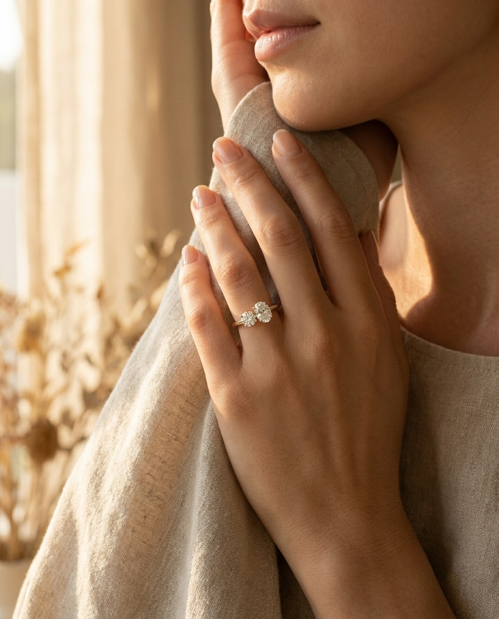 14K Yellow Gold Jackie Select Toi et Moi Round & Oval Knife Edge Band Lab Diamond Engagement Ring - Lifestyle scene with hand model