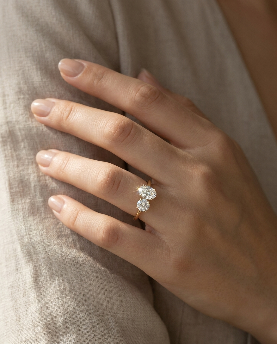 14K Yellow Gold Jackie Select Toi et Moi Round & Oval Knife Edge Band Lab Diamond Engagement Ring - Ring on hand model