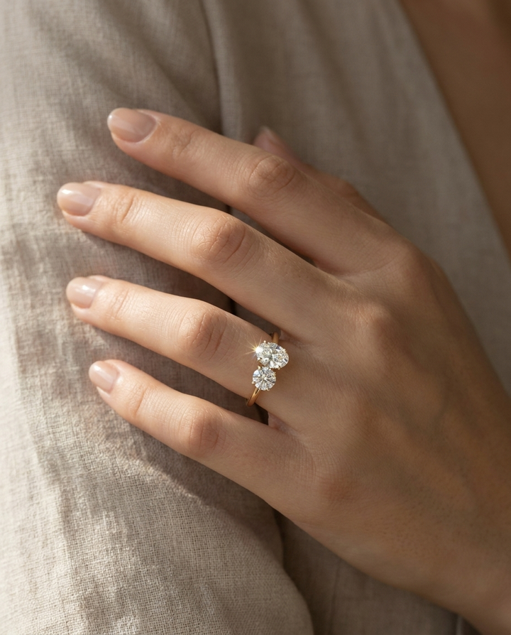 14K Yellow Gold Jackie Select Toi et Moi Round & Oval Knife Edge Band Lab Diamond Engagement Ring - Ring on hand model