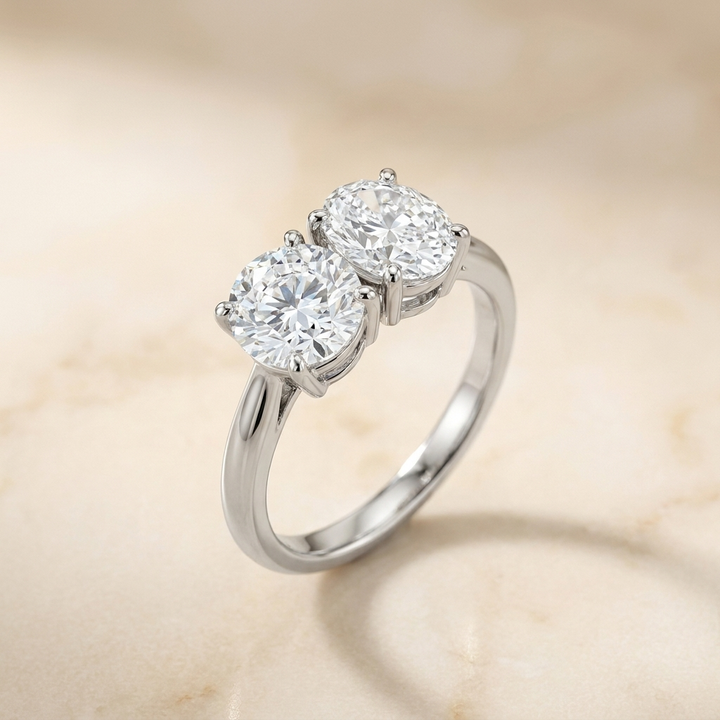 18K White Gold Jackie Select Toi et Moi Round & Oval Knife Edge Band Lab Diamond Engagement Ring - Alt angle on warm marble