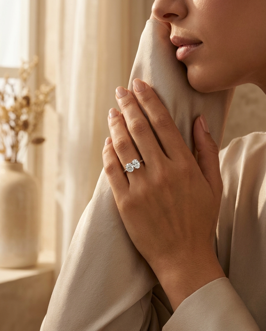 18K White Gold Jackie Select Toi et Moi Round & Oval Knife Edge Band Lab Diamond Engagement Ring - Lifestyle scene with hand model