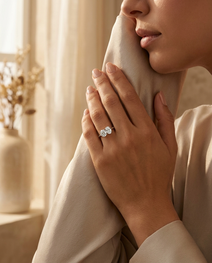 18K White Gold Jackie Select Toi et Moi Round & Oval Knife Edge Band Lab Diamond Engagement Ring - Lifestyle scene with hand model