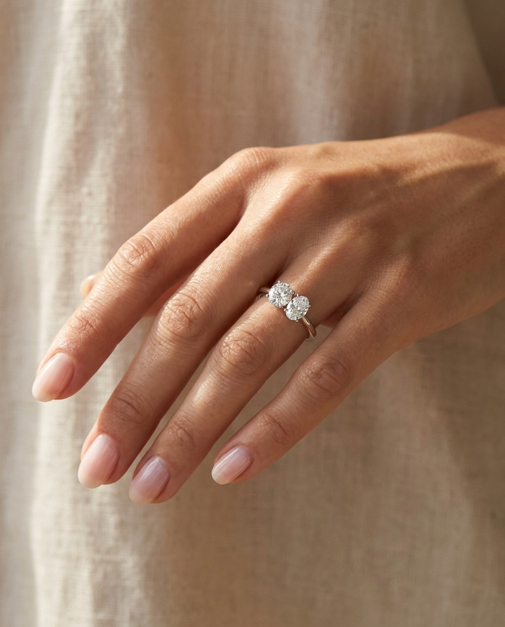 18K White Gold Jackie Select Toi et Moi Round & Oval Knife Edge Band Lab Diamond Engagement Ring - Ring on hand model