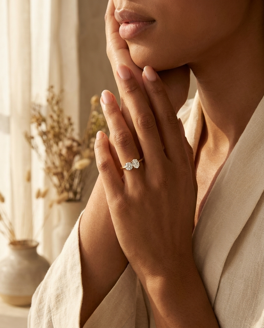 18K Yellow Gold Jackie Select Toi et Moi Round & Oval Knife Edge Band Lab Diamond Engagement Ring - Lifestyle scene with hand model