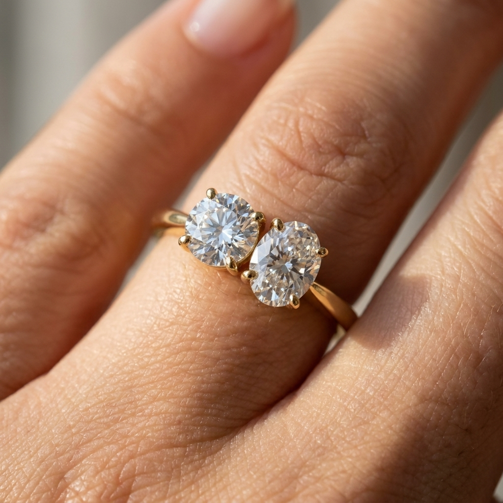 Jackie Toi et Moi Round & Oval Knife Edge Band Engagement Ring Setting - Macro close-up on finger