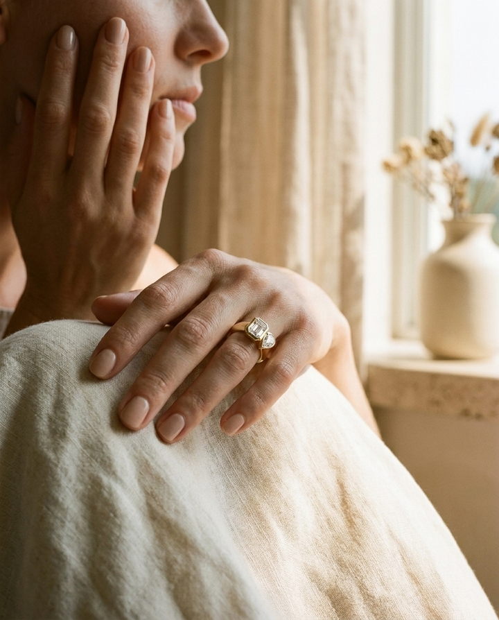 Josephine Toi et Moi Emerald & Pear Bezel Set Engagement Ring Setting - Lifestyle scene with hand model