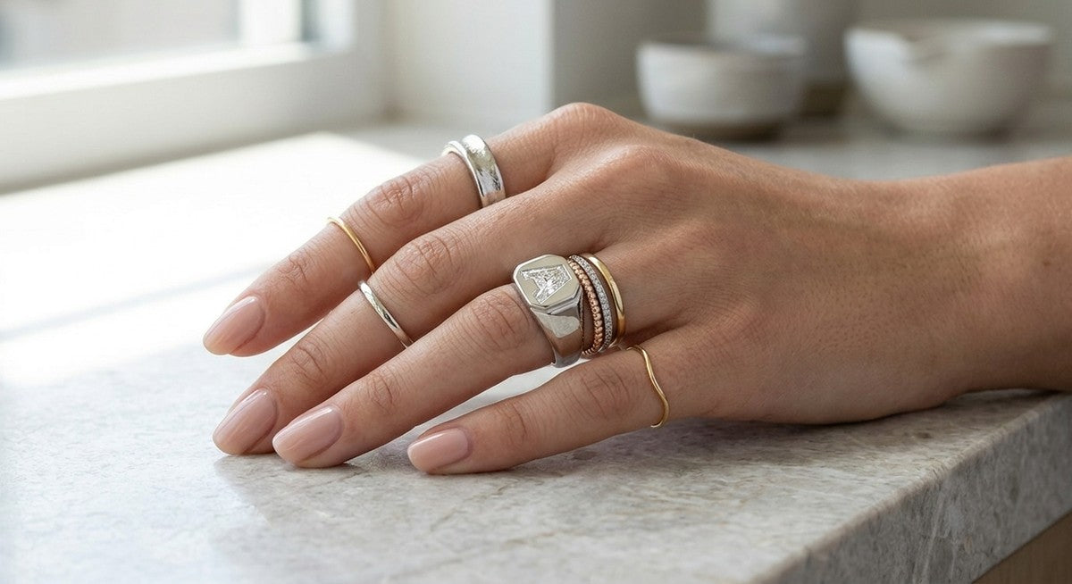 Diamond Letter Signet Ring - 14K White Gold – lifestyle shot | RockHer
