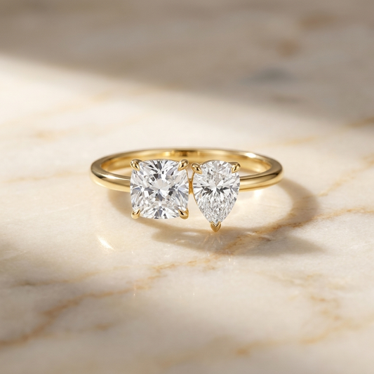 Toi et Moi Cushion & Pear, in 14K Rose Gold, prong setting | RockHer