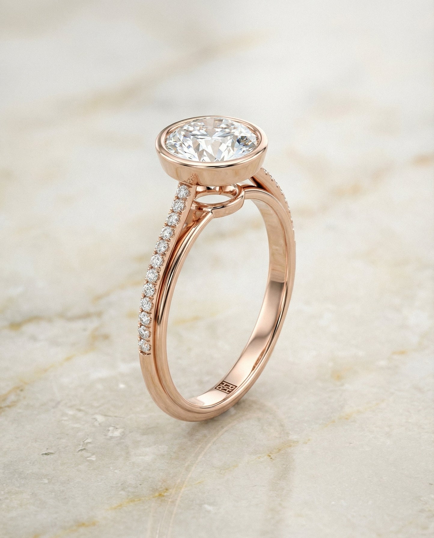 Round Brilliant, Linear Bezel Pavé, in 14K Rose Gold – front view | RockHer
