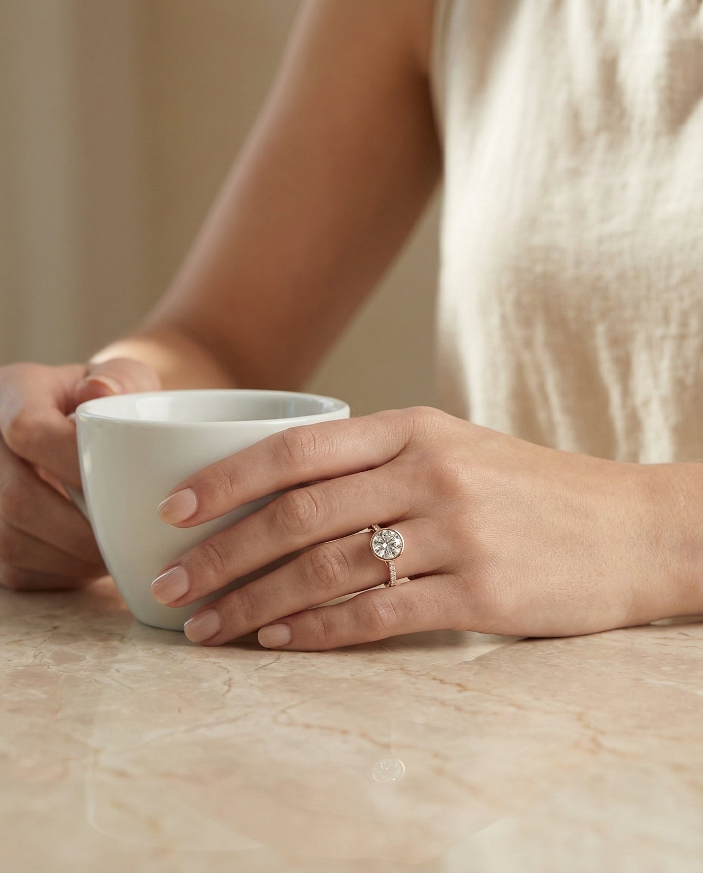 Round Brilliant, Linear Bezel Pavé, in 14K Rose Gold – lifestyle shot | RockHer