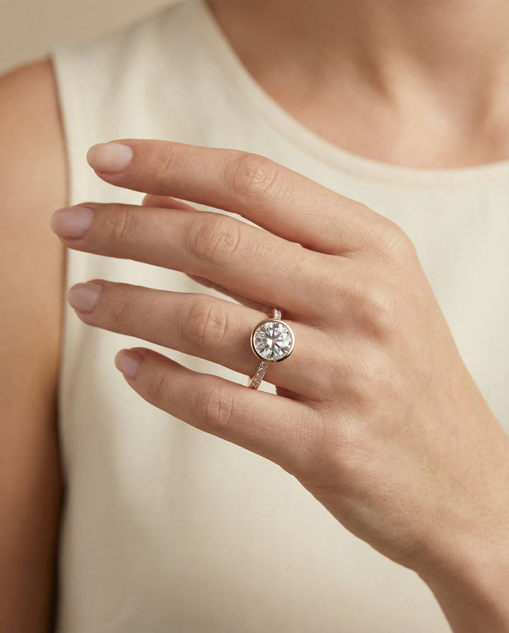 Round Brilliant, Linear Bezel Pavé, in 14K Rose Gold – lifestyle shot | RockHer