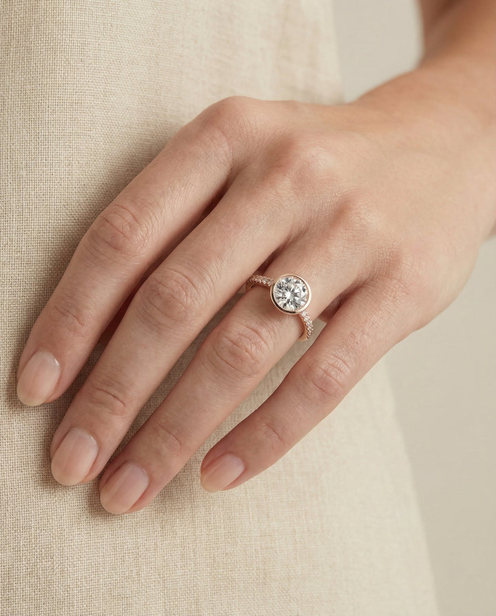 Round Brilliant, Linear Bezel Pavé, in 14K Rose Gold – lifestyle shot | RockHer