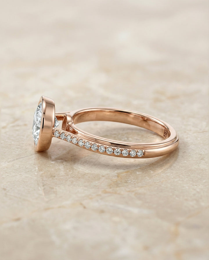 Round Brilliant, Linear Bezel Pavé, in 14K Rose Gold – side profile | RockHer