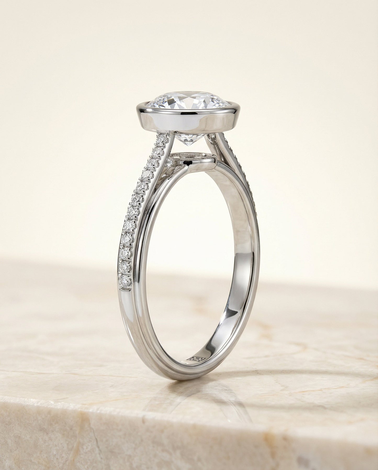 Round Brilliant, Linear Bezel Pavé, in Platinum – side profile | RockHer