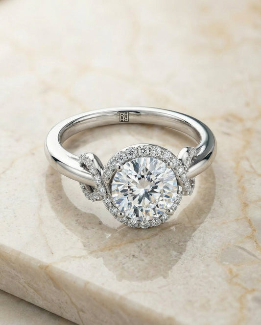 Round Brilliant, Love Knot Halo, in Platinum, pave setting – angled view | RockHer
