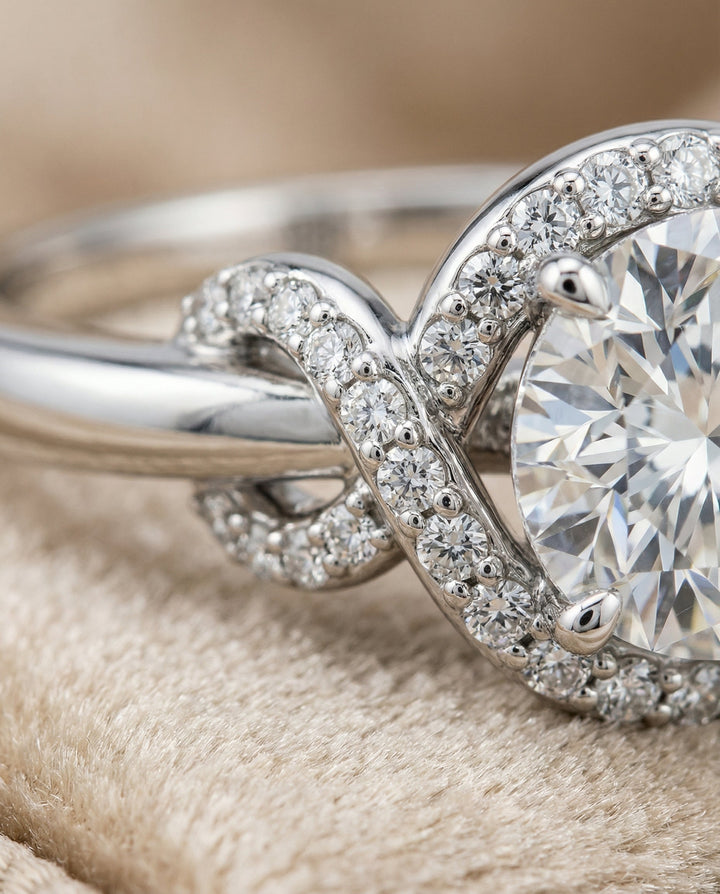 Round Brilliant, Love Knot Halo, in Platinum, pave setting – detail view | RockHer