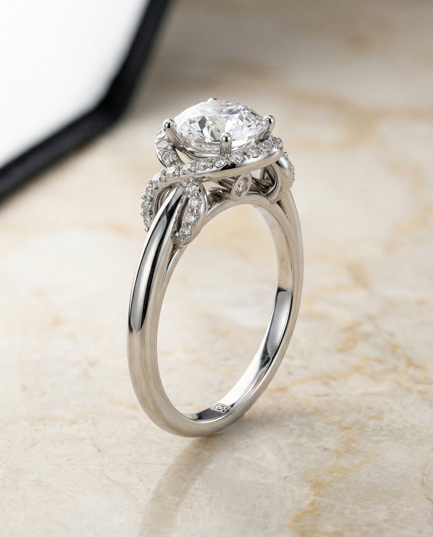 Round Brilliant, Love Knot Halo, in Platinum, pave setting – front view | RockHer