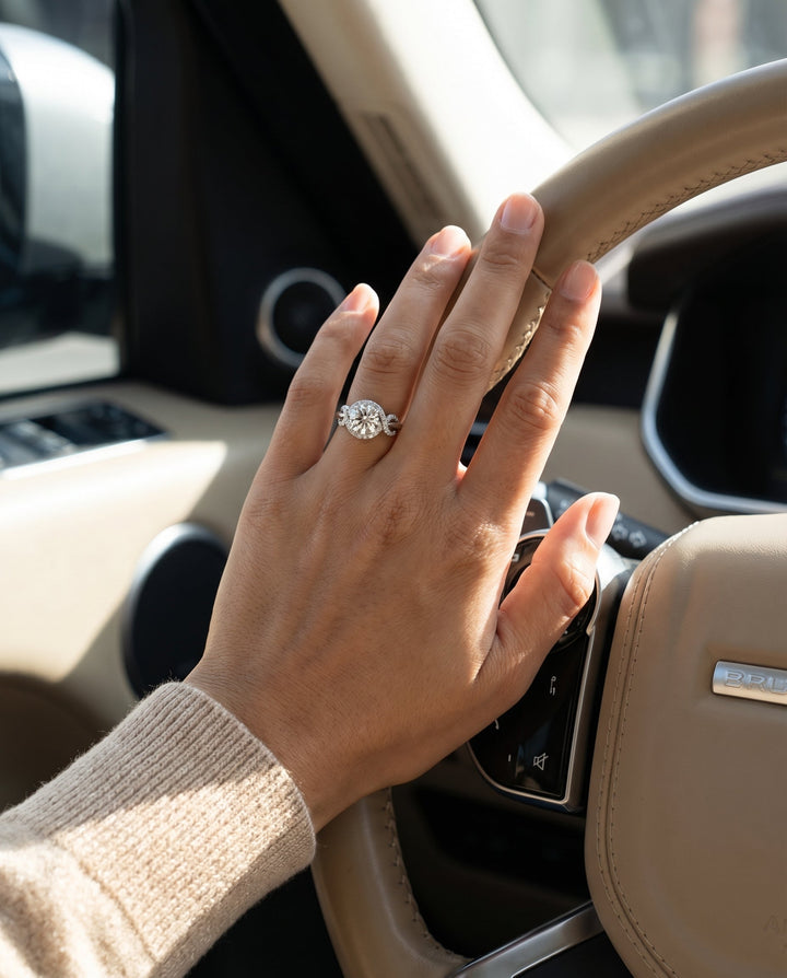 Round Brilliant, Love Knot Halo, in Platinum, pave setting – lifestyle shot | RockHer
