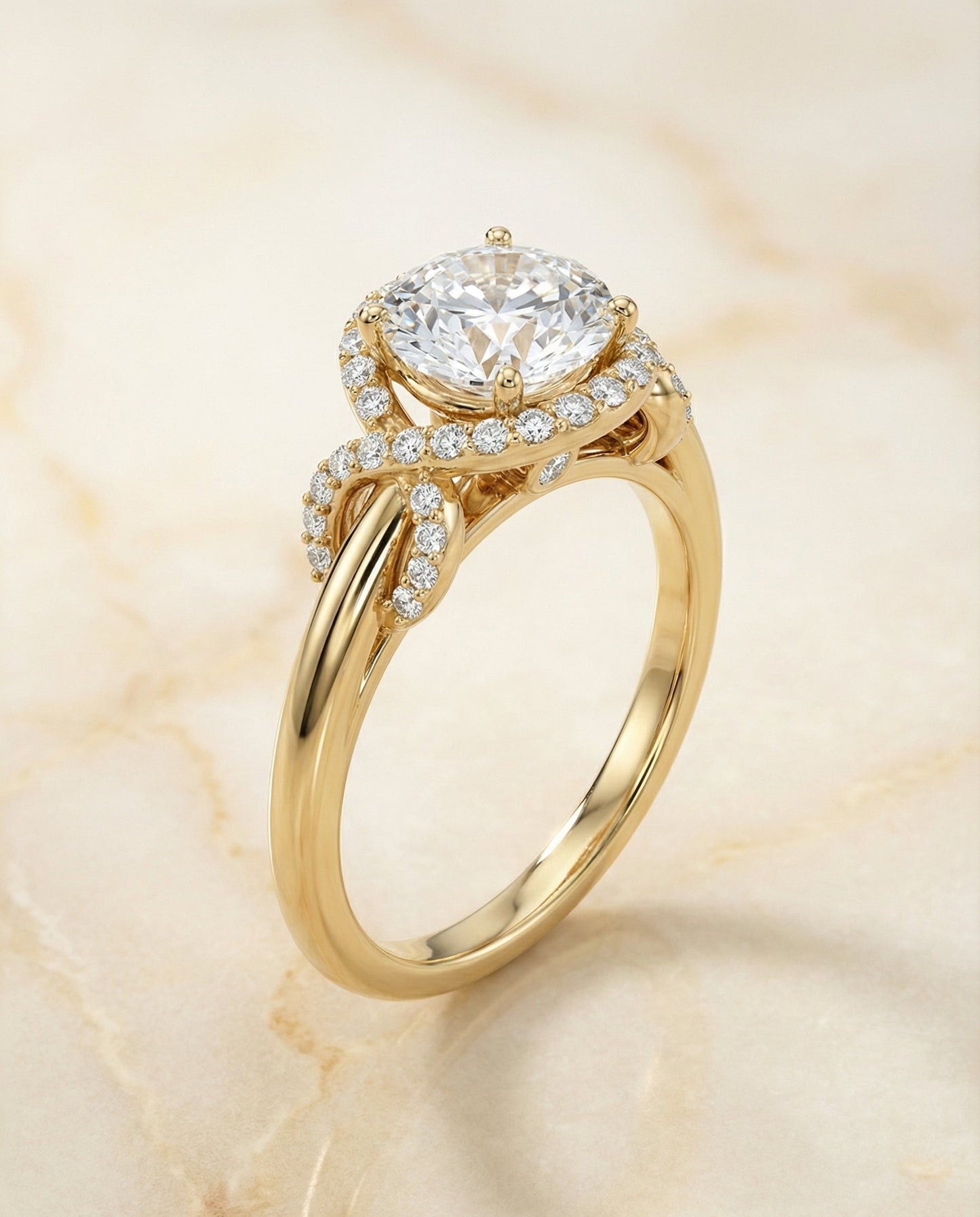 Round Brilliant, Love Knot Halo, in 18K Yellow Gold, pave setting – angled view | RockHer