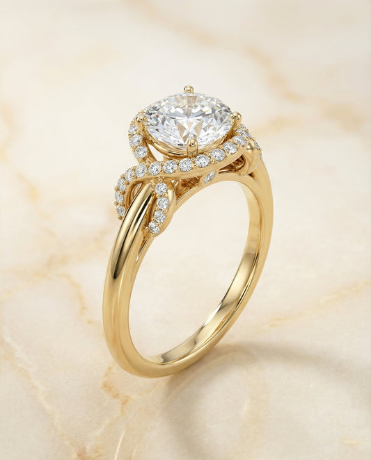 Round Brilliant, Love Knot Halo, in 18K Yellow Gold, pave setting – angled view | RockHer