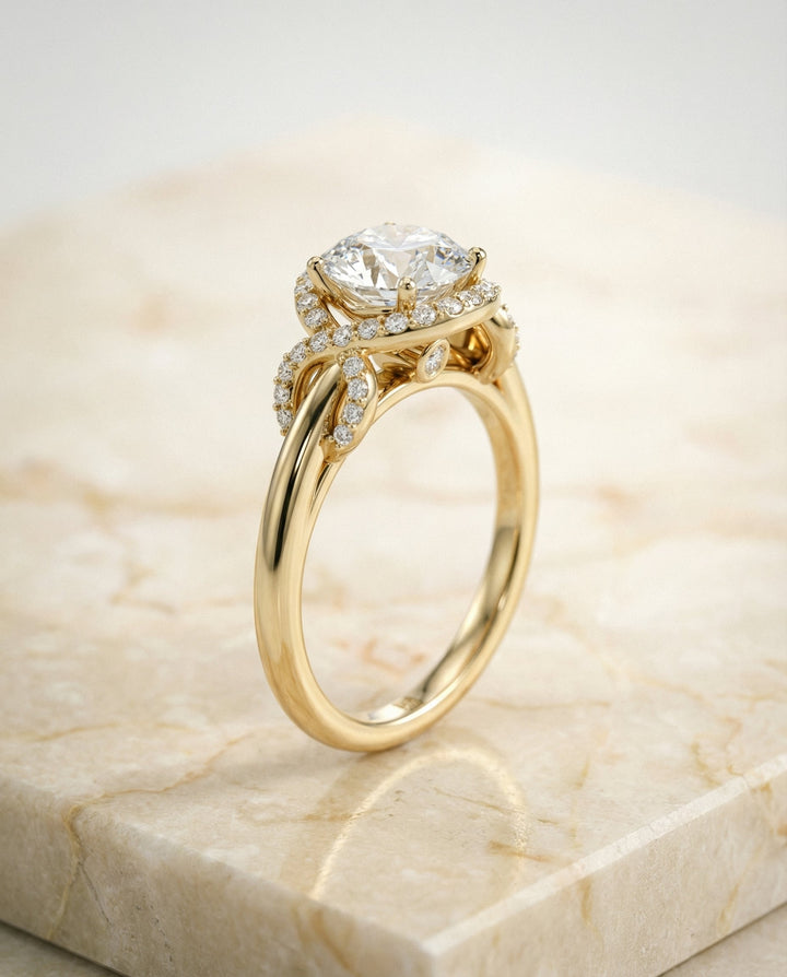 Round Brilliant, Love Knot Halo, in 18K Yellow Gold, pave setting – front view | RockHer