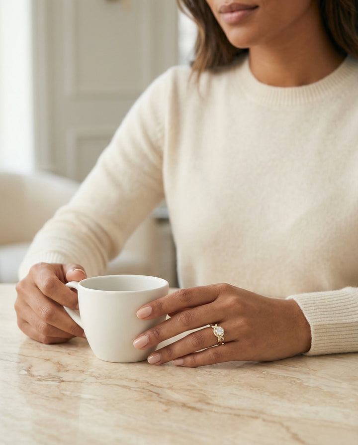 Round Brilliant, Love Knot Halo, in 18K Yellow Gold, pave setting – lifestyle shot | RockHer