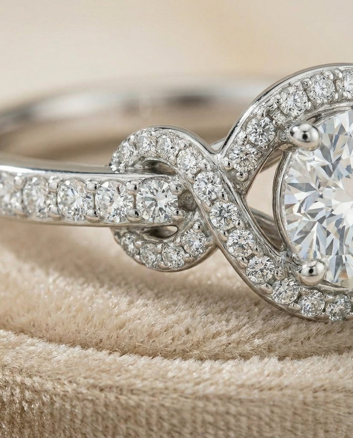 Round Brilliant, Love Knot Pavé Halo, in Platinum, pave setting – detail view | RockHer