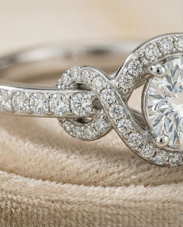 Round Brilliant, Love Knot Pavé Halo, in Platinum, pave setting – detail view | RockHer
