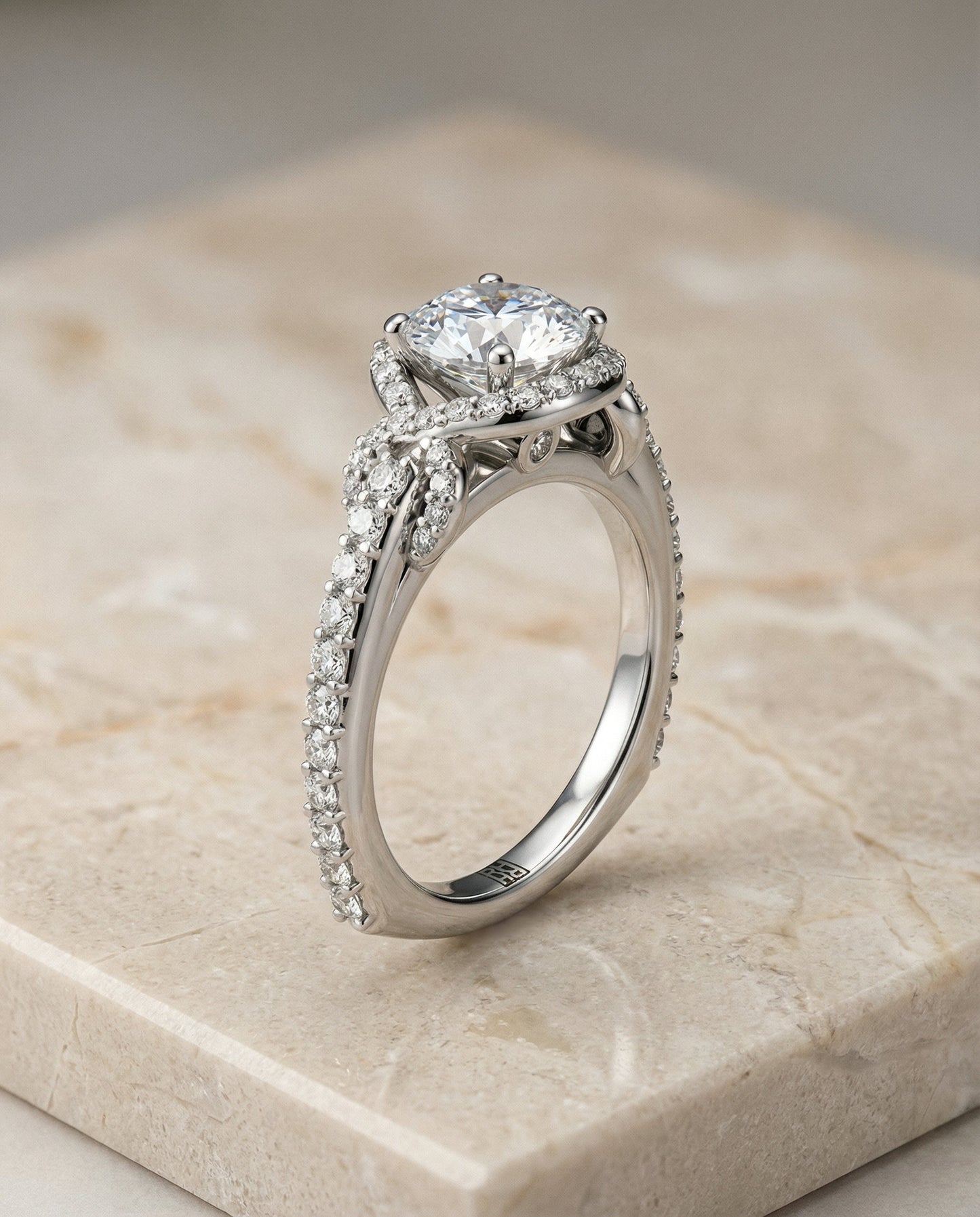 Round Brilliant, Love Knot Pavé Halo, in Platinum, pave setting – front view | RockHer