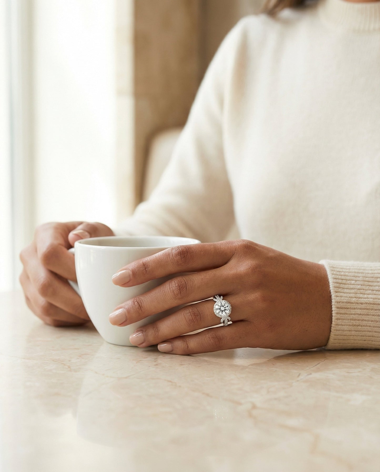Round Brilliant, Love Knot Pavé Halo, in 18K White Gold, pave setting – lifestyle shot | RockHer