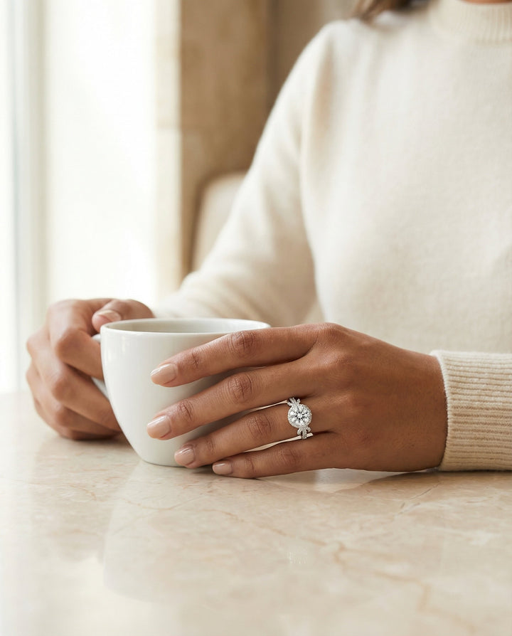 Round Brilliant, Love Knot Pavé Halo, in Platinum, pave setting – lifestyle shot | RockHer