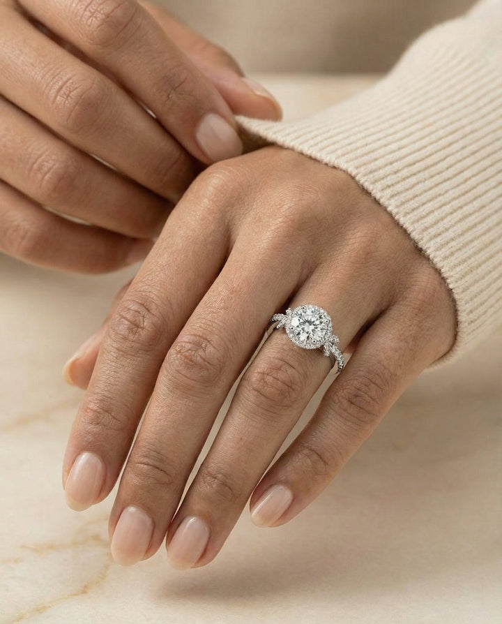 Round Brilliant, Love Knot Pavé Halo, in 18K White Gold, pave setting – lifestyle shot | RockHer