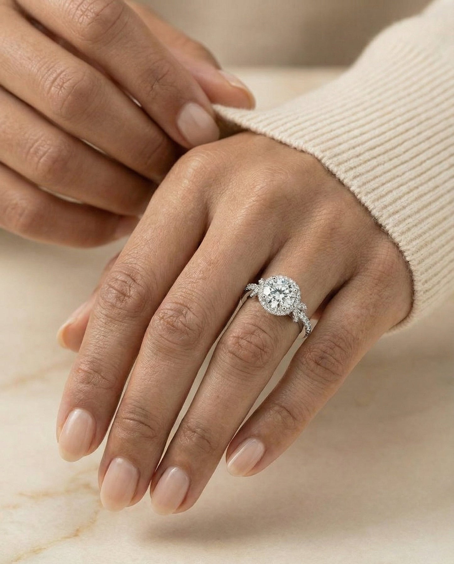 Round Brilliant, Love Knot Pavé Halo, in Platinum, pave setting – lifestyle shot | RockHer
