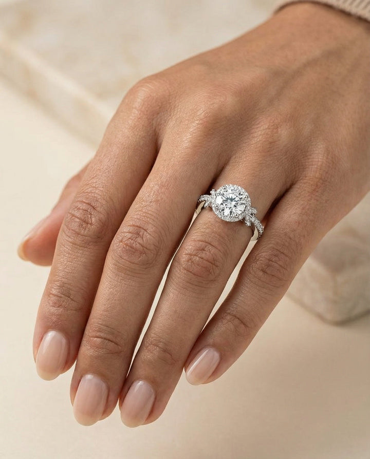 Round Brilliant, Love Knot Pavé Halo, in Platinum, pave setting – lifestyle shot | RockHer