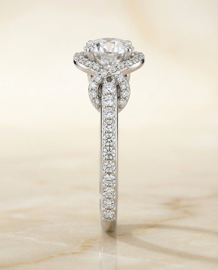 Round Brilliant, Love Knot Pavé Halo, in Platinum, pave setting – side profile | RockHer