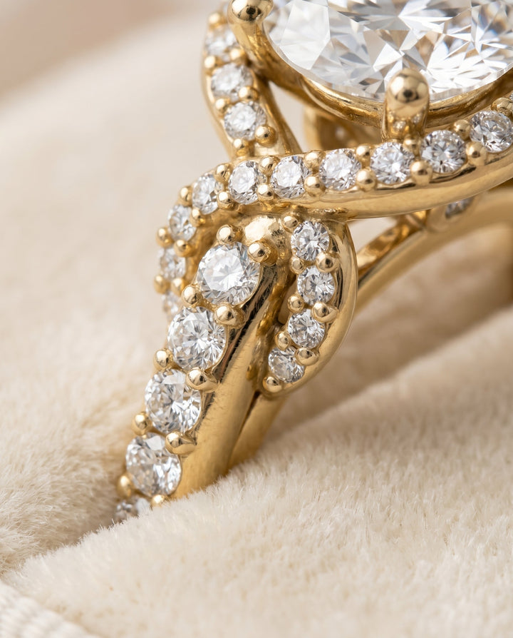 Round Brilliant, Love Knot Pavé Halo, in 18K Yellow Gold, pave setting – detail view | RockHer