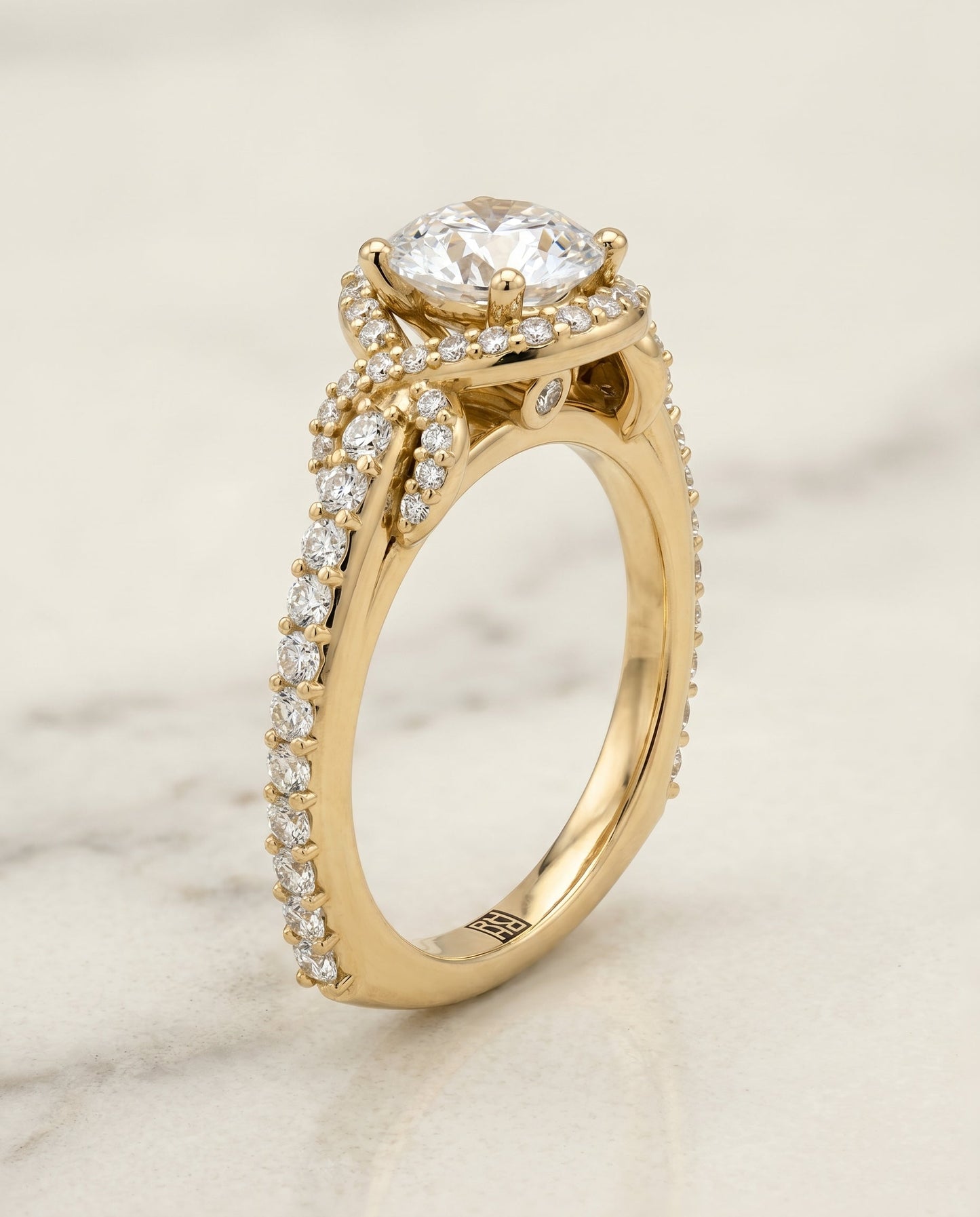 Round Brilliant, Love Knot Pavé Halo, in 18K Yellow Gold, pave setting – front view | RockHer