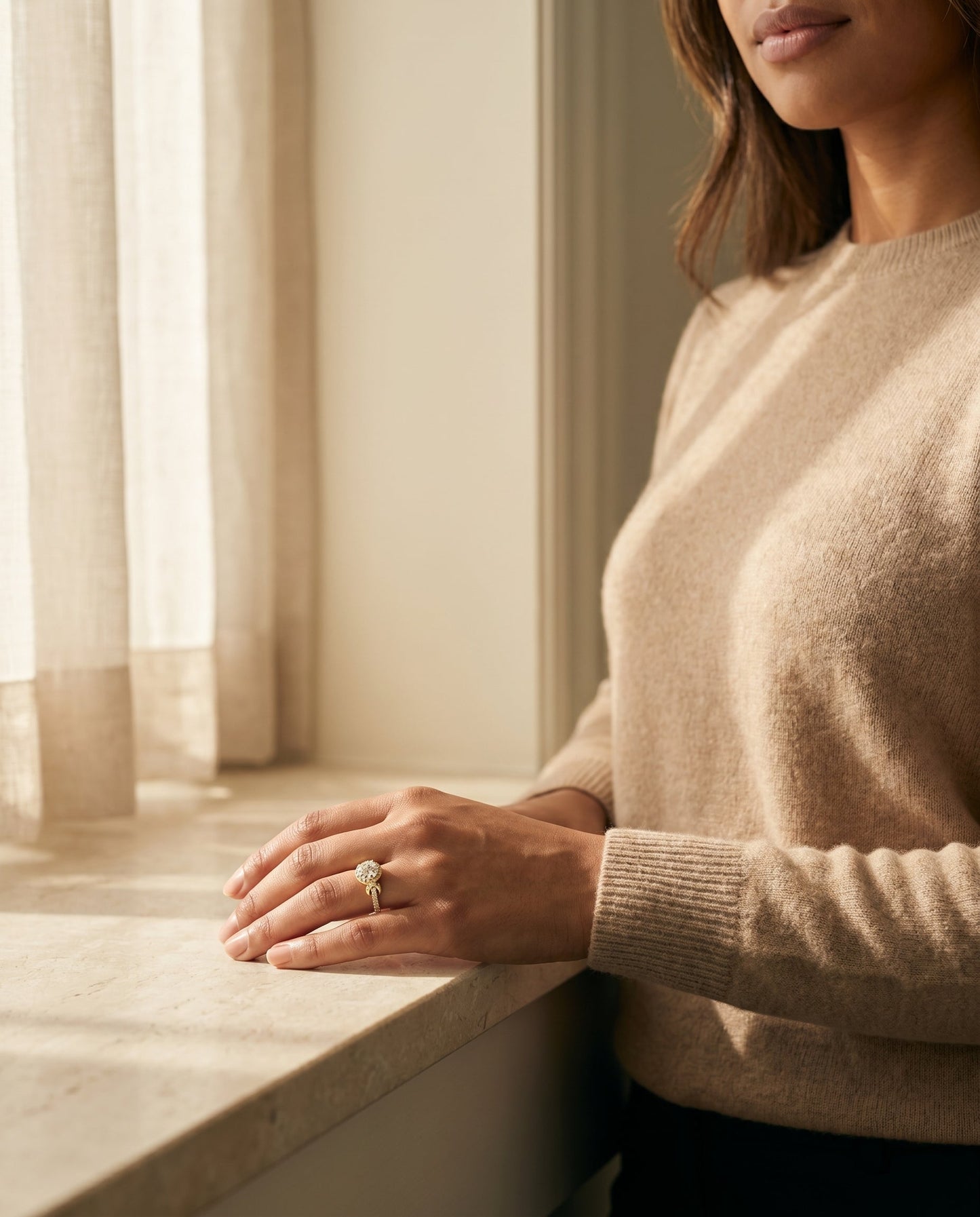 Round Brilliant, Love Knot Pavé Halo, in 18K Yellow Gold, pave setting – lifestyle shot | RockHer