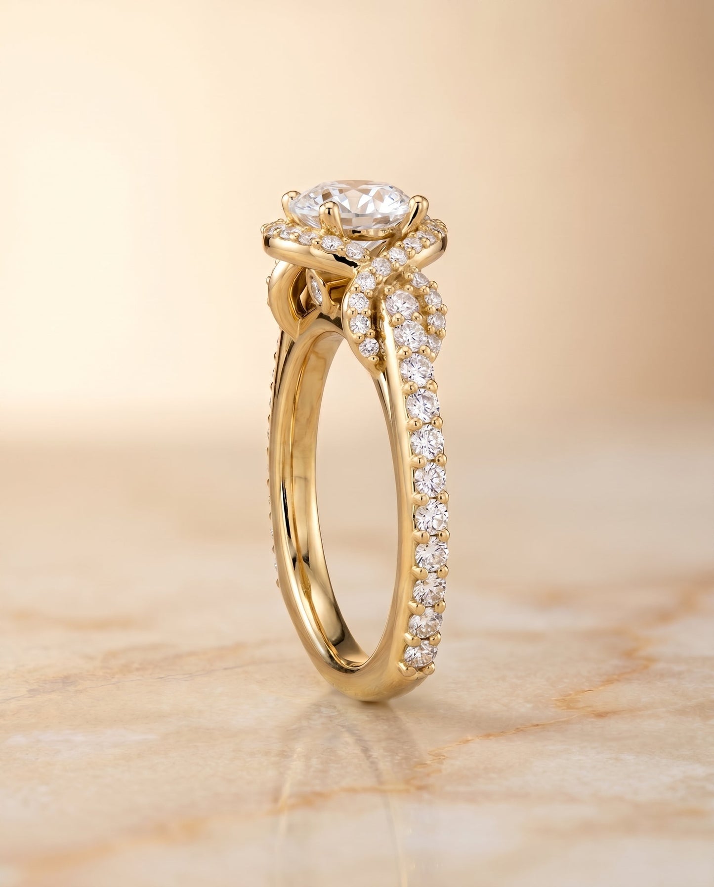 Round Brilliant, Love Knot Pavé Halo, in 18K Yellow Gold, pave setting – side profile | RockHer