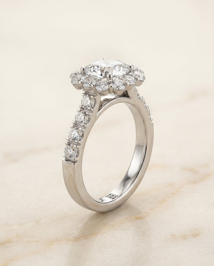 Luxe French Pavé Halo Asscher, in Platinum, prong setting – angled view | RockHer