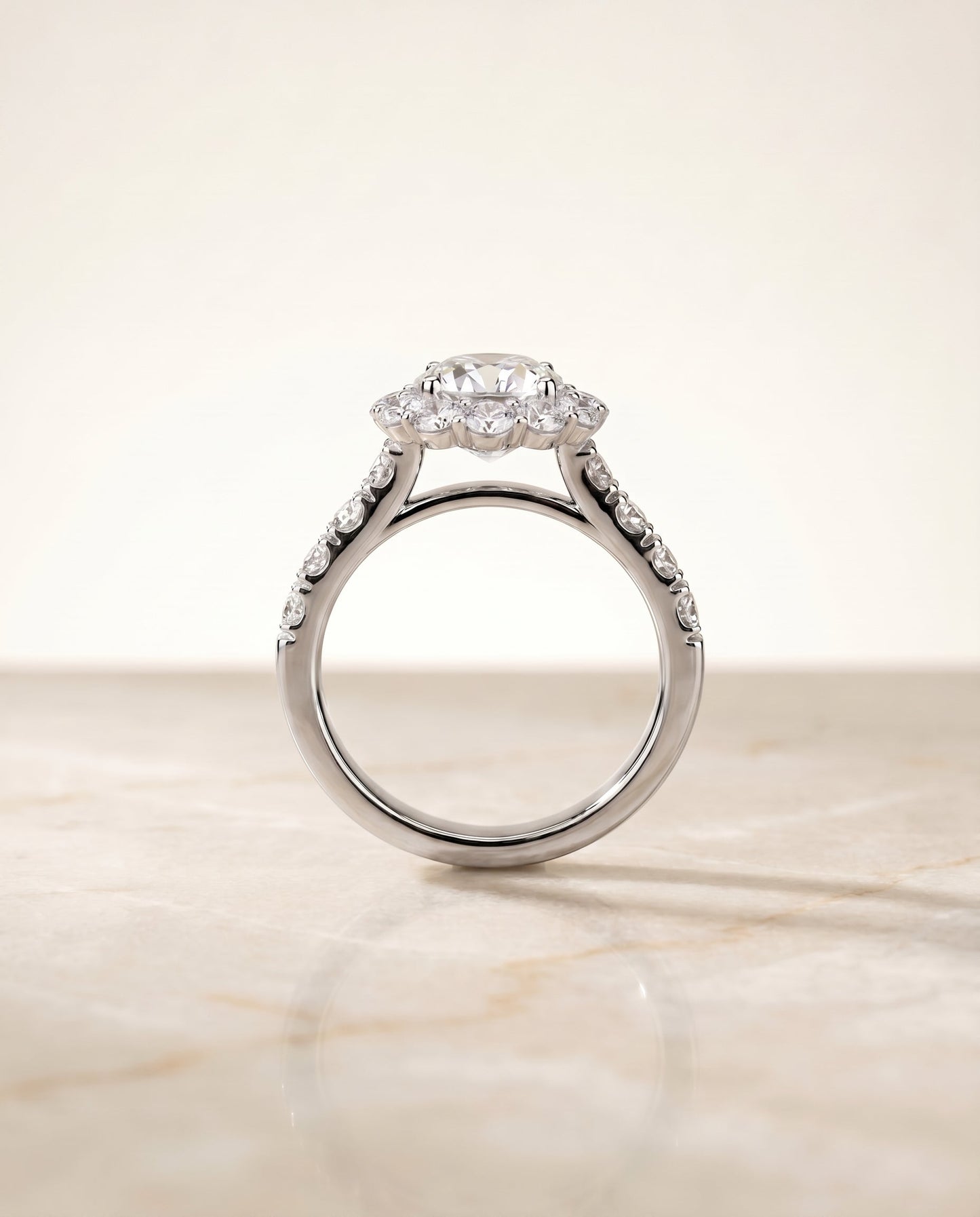 Luxe French Pavé Halo Asscher, in Platinum, prong setting – side profile | RockHer