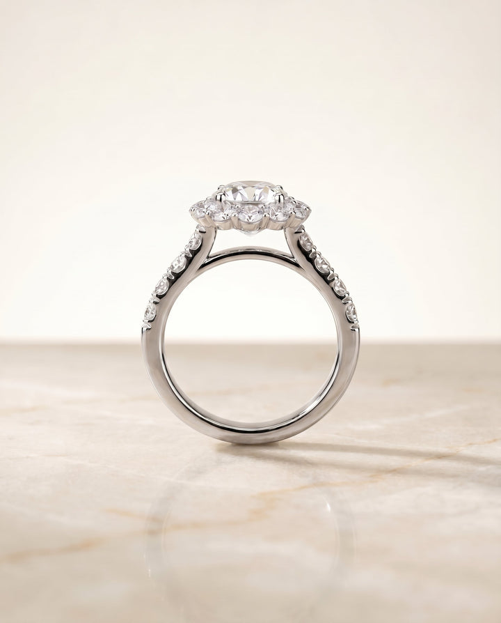 Luxe French Pavé Halo Asscher, in Platinum, prong setting – side profile | RockHer
