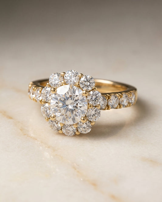 The Alannah Pavé Halo Engagement Ring Setting for Cushion Diamonds in 18K Yellow Gold | RockHer