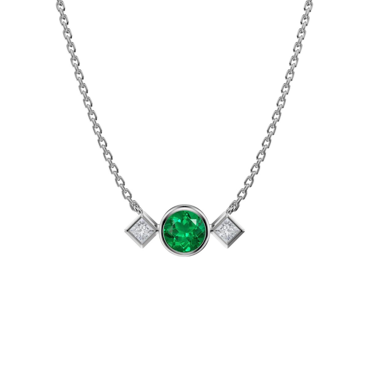 สร้อยคอจี้ประดับมรกตสังเคราะห์ทรงกลมและเพชรสังเคราะห์ทรงเจ้าหญิงแบบเซตขอบเงินสเตอร์ลิง .925 ROCKHER บนสายโซ่ 18"