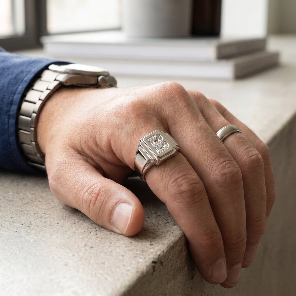 Men's Art Deco lab-grown diamond letter signet ring in Platinum, worn on hand