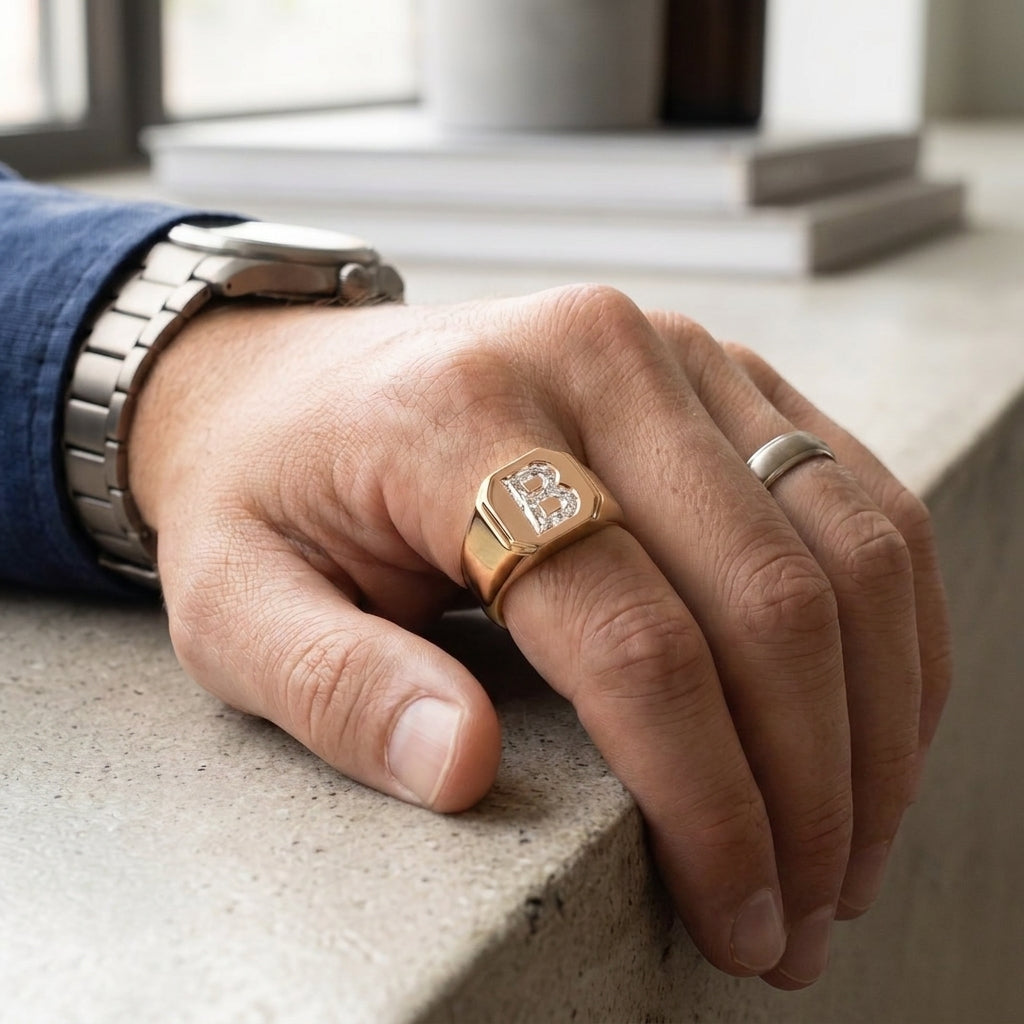 Men's Classic Square lab-grown diamond letter signet ring in 14K Rose Gold, worn on hand